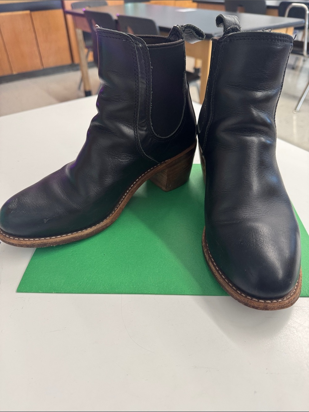 Women's Black Leather Ankle Booties with Stacked Heel